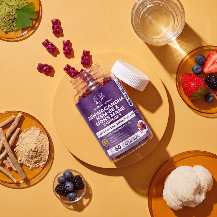 Ashwagandha and Lion's Mane gummies beside lion's mane mushroom and berries