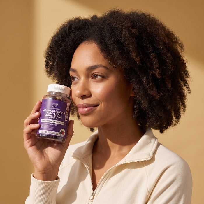 Woman holding mixed berries Ashwagandha KSM-66 gummies