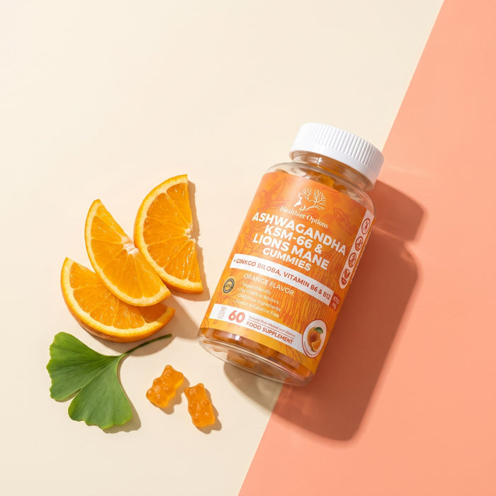 Ashwagandha and Lion's Mane gummies with ginkgo leaf and orange slices