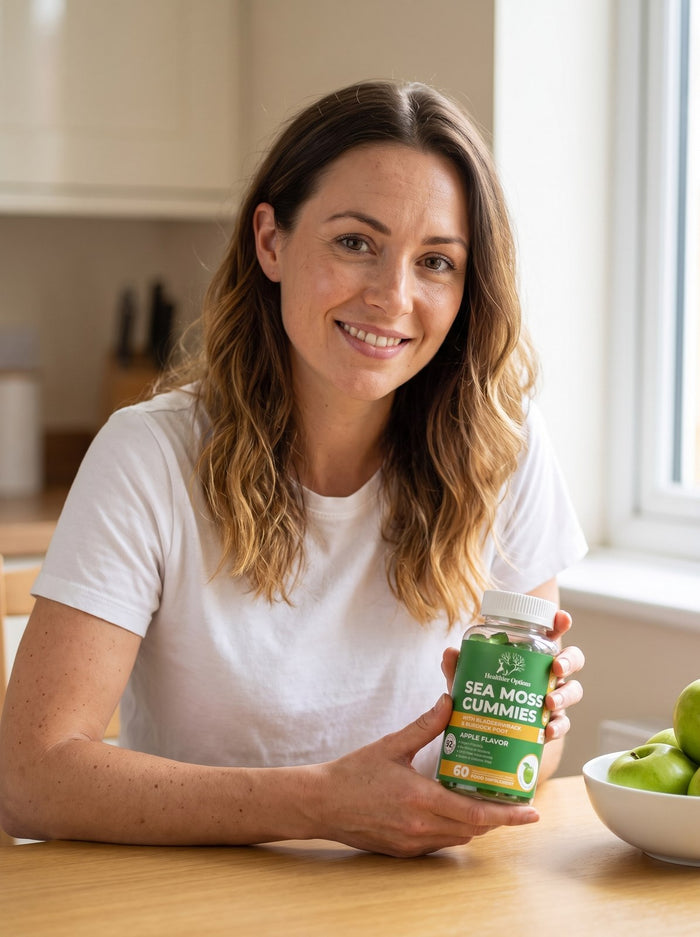 Woman in a kitchen holding Sea Moss gummies with a bowl of green apples
