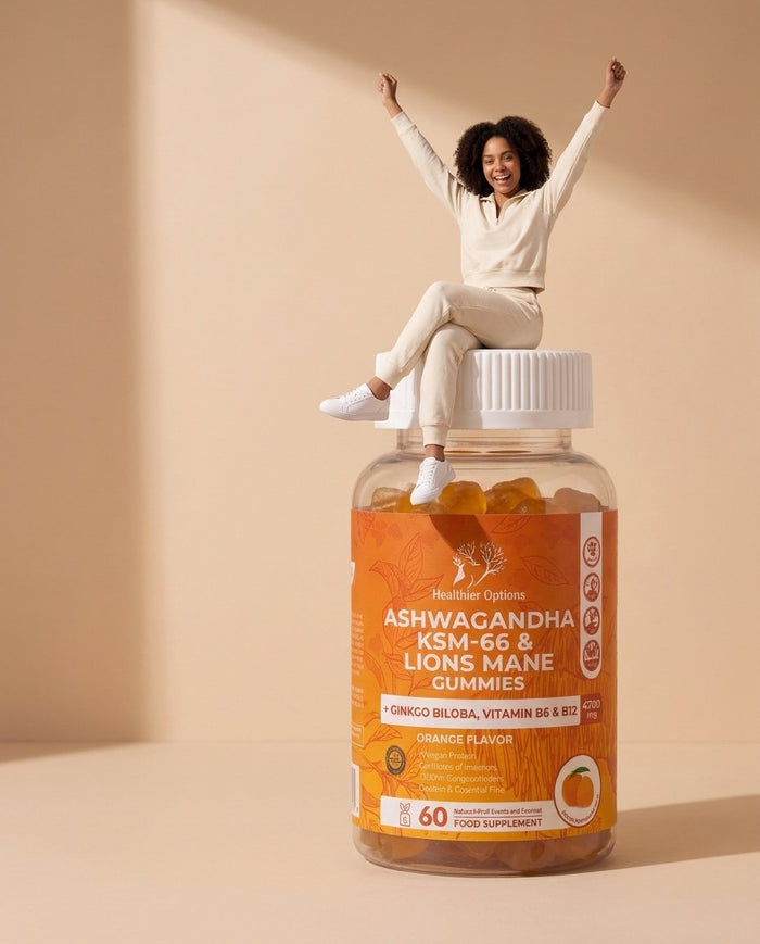 Woman sitting on a giant Ashwagandha gummies bottle