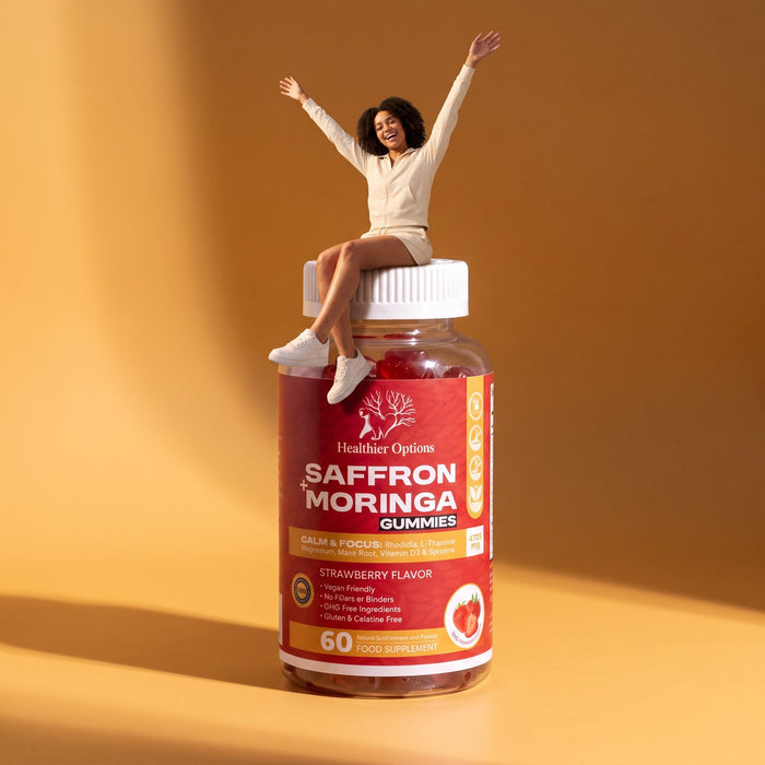 Woman sitting on a giant Healthier Options Saffron and Moringa gummies bottle
