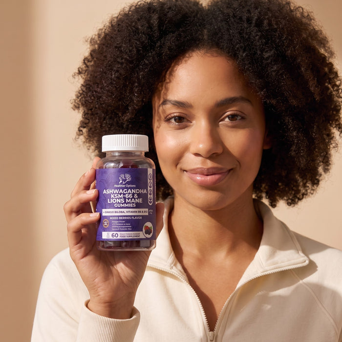 Woman holding Healthier Options Ashwagandha KSM-66 and Lion's Mane gummies, mixed berries flavour