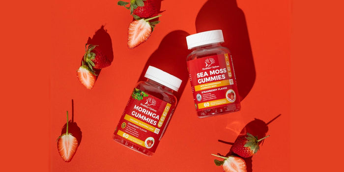 Sea Moss and Moringa gummies with scattered strawberries
