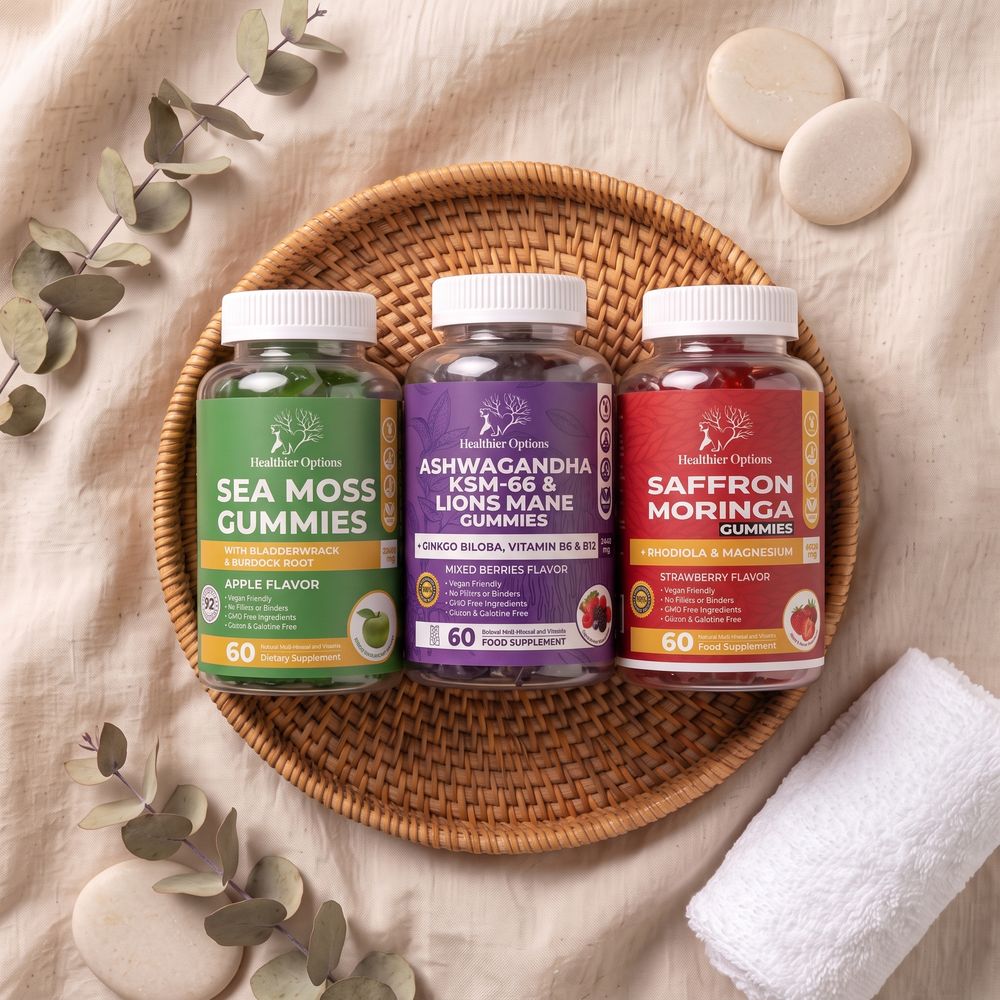 Healthier Options gummies on a kitchen counter