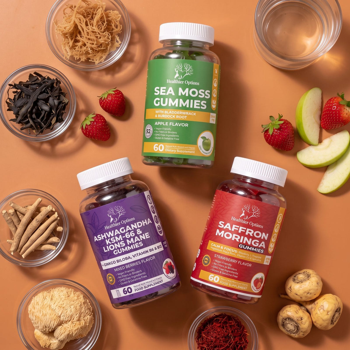 The Daily Three bundle: Sea Moss, Ashwagandha and Saffron gummies from Healthier Options with their key ingredients