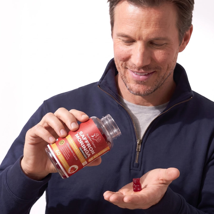 Man pouring a Healthier Options Saffron and Moringa gummy into his hand, strawberry flavour
