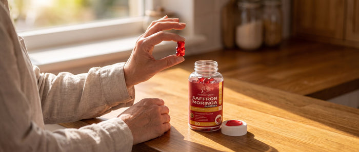 Hand taking a red gummy from a Healthier Options Saffron and Moringa bottle on a kitchen counter
