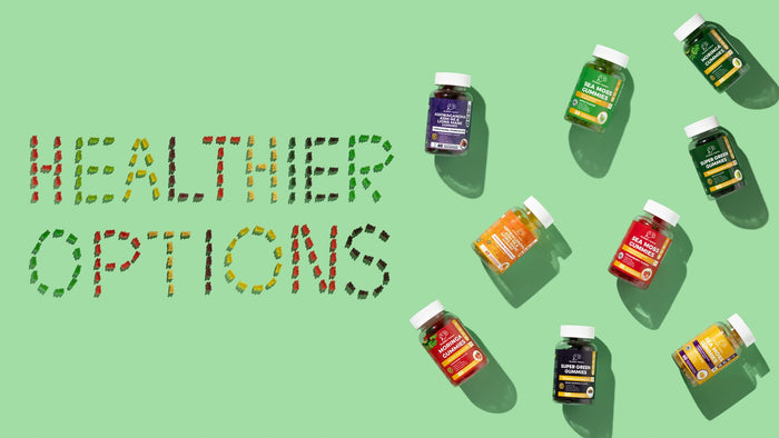 Healthier Options spelled out in gummy bears beside the gummy range