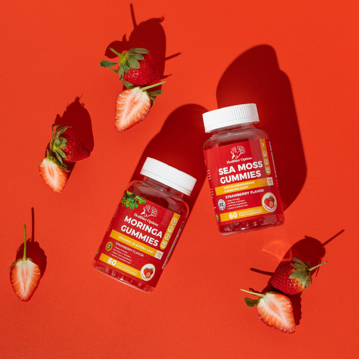 Sea Moss and Moringa strawberry flavour gummies with fresh strawberries