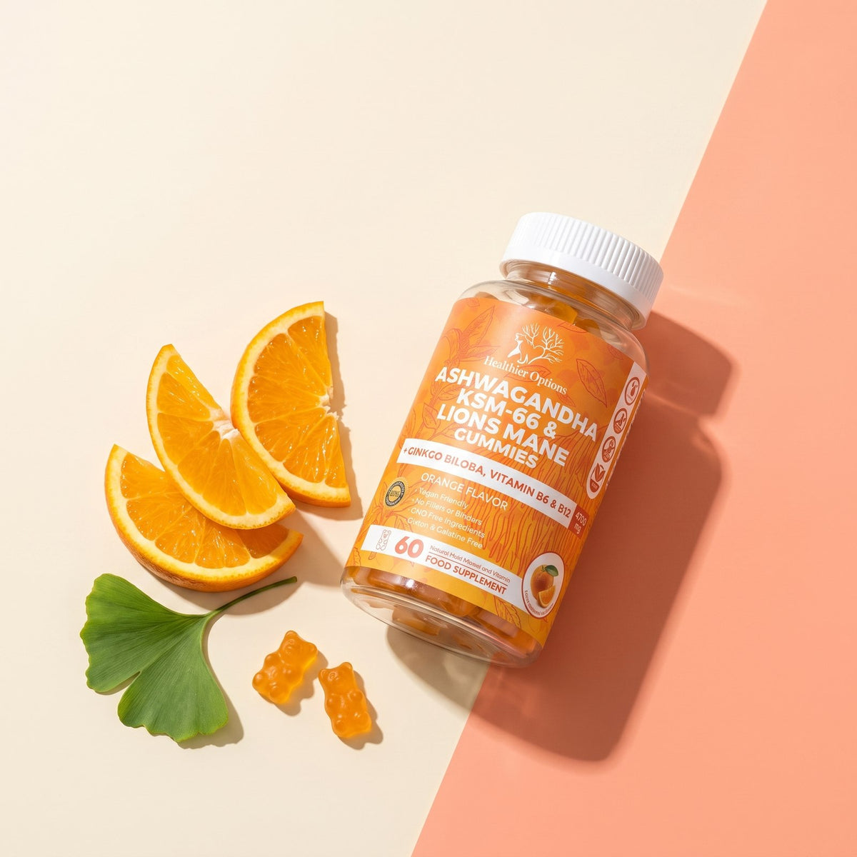 Ashwagandha and Lion's Mane gummies with ginkgo leaf and orange slices