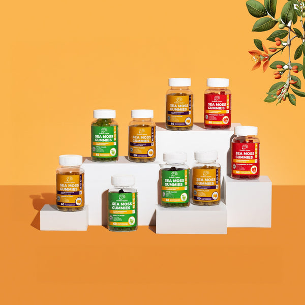 The full Healthier Options Sea Moss gummies range on podium display