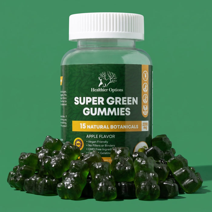 Healthier Options Super Greens gummies bottle with a pile of green gummy bears