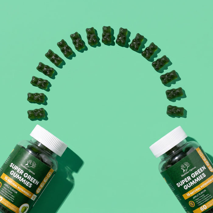 Super Greens gummies bottles with an arc of green gummy bears
