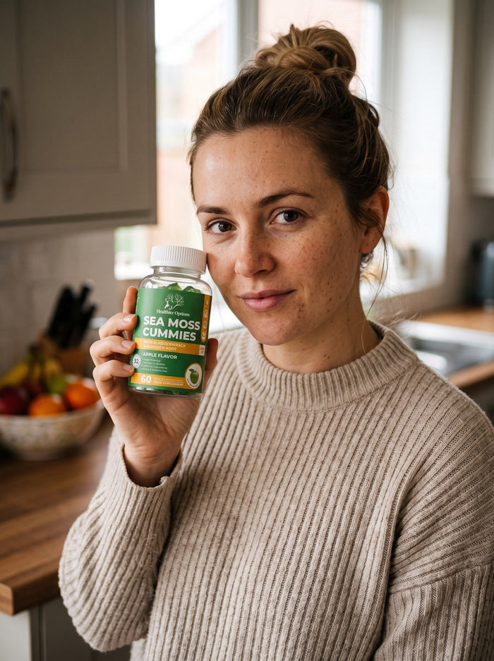 Woman holding Healthier Options Sea Moss gummies in a bright kitchen