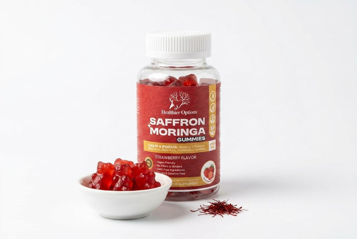 Healthier Options Saffron and Moringa gummies bottle beside a bowl of red gummies