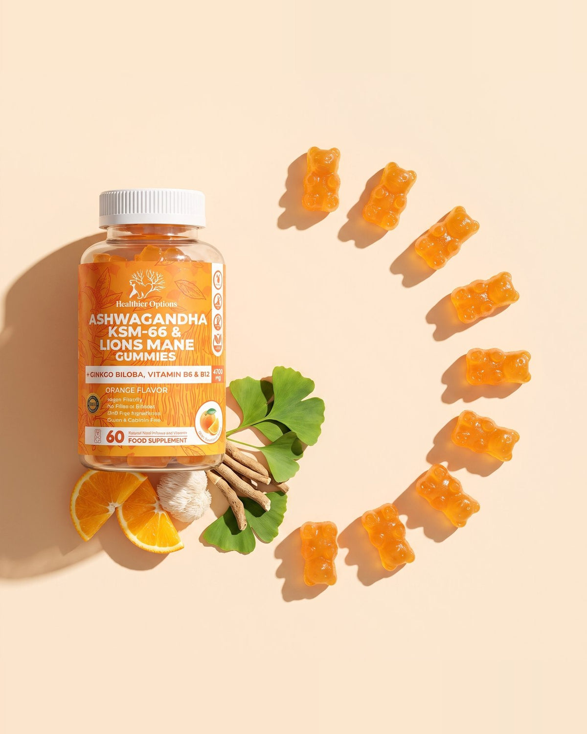 Ashwagandha KSM-66 gummies with ginkgo leaf and orange gummy bears