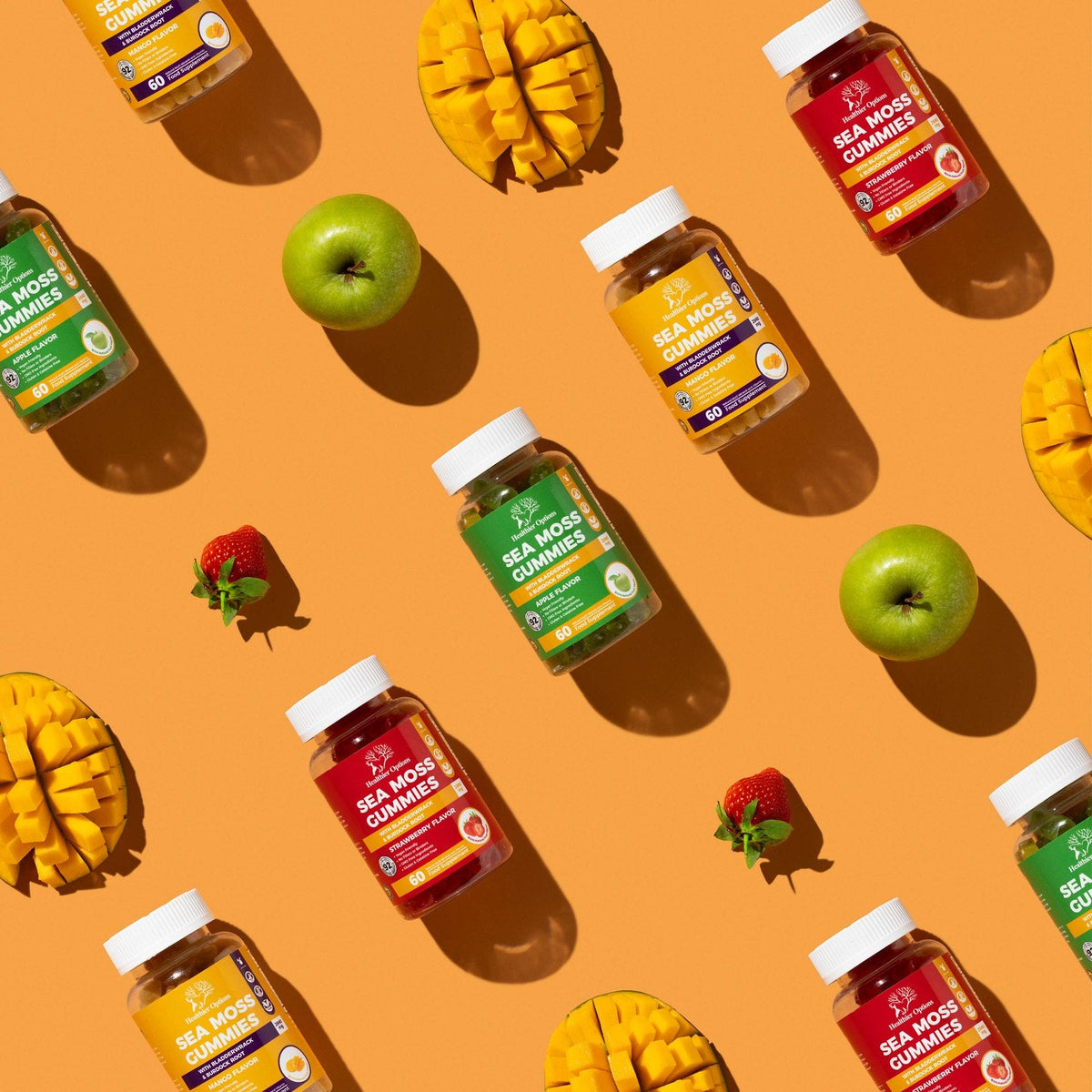 Healthier Options Sea Moss gummies in strawberry, apple and mango