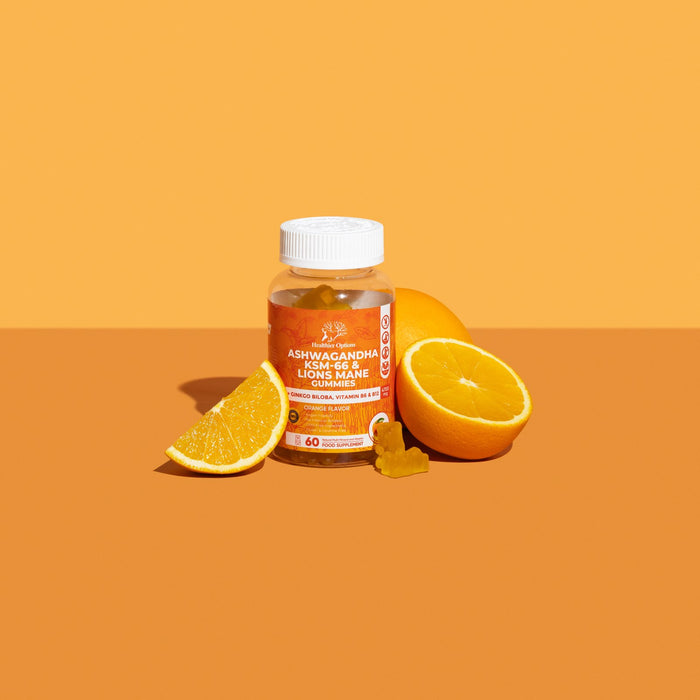 Ashwagandha KSM-66 orange flavour gummies with fresh orange slices
