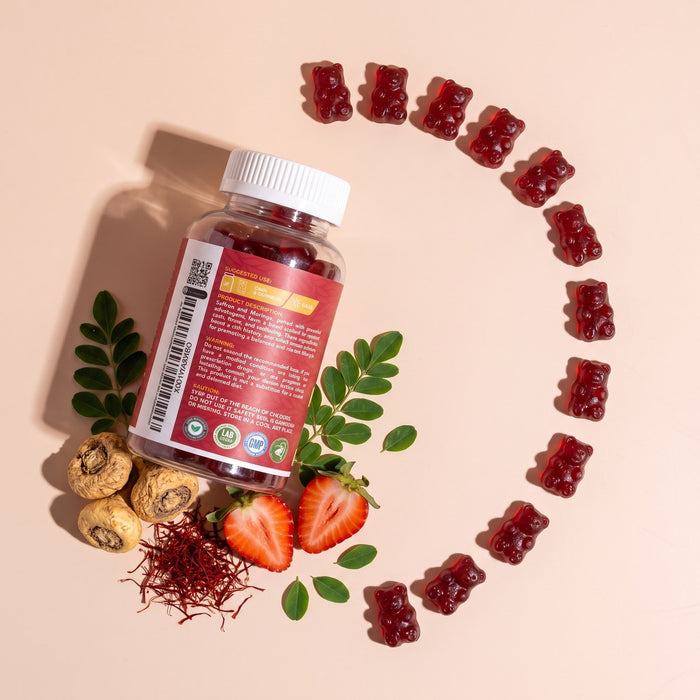 Healthier Options Saffron and Moringa gummies with a ring of red gummy bears and botanical ingredients