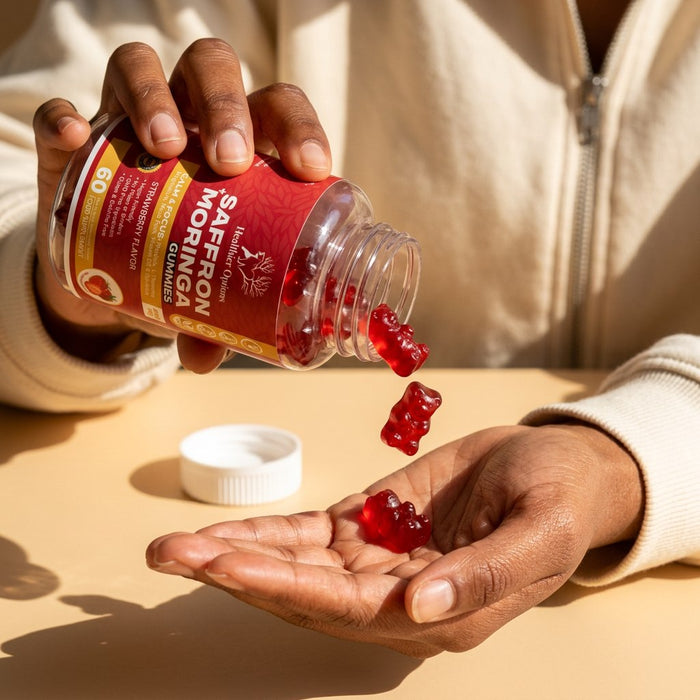 Hands pouring red Healthier Options gummies from the bottle into an open palm