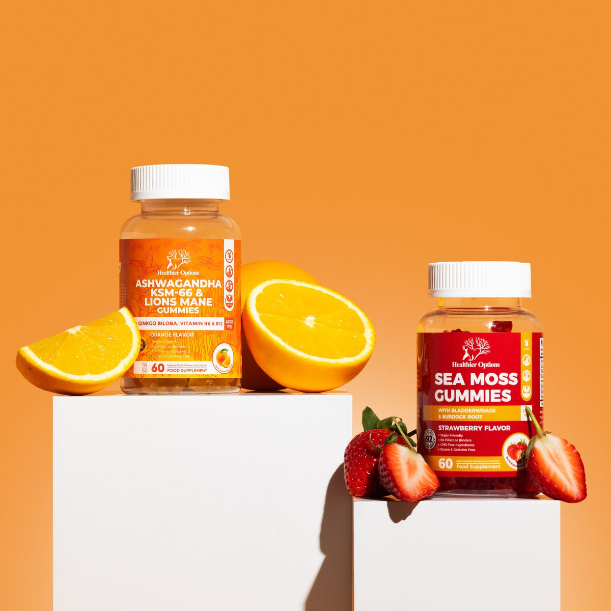 Healthier Options Ashwagandha and Sea Moss gummies on podium display with fruit