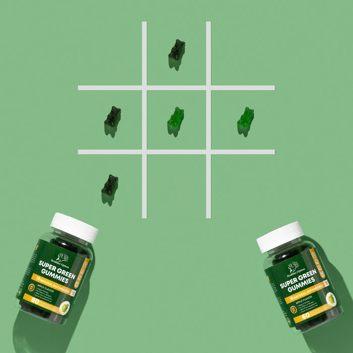 Super Greens gummy bears on a noughts and crosses grid