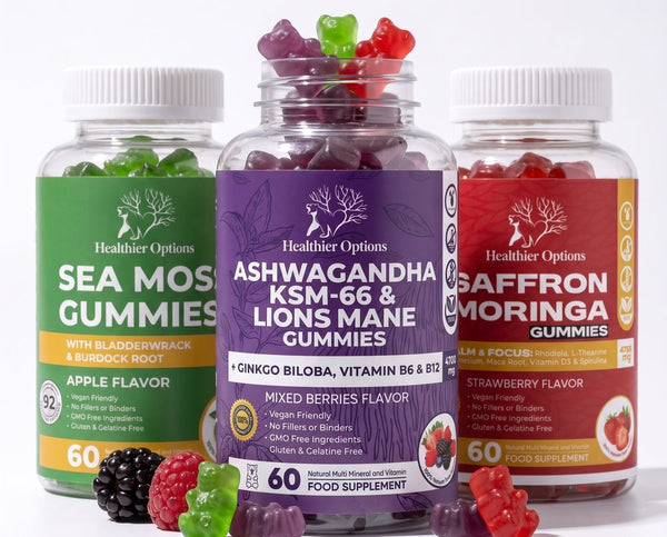 The three Healthier Options gummy formulas lined up