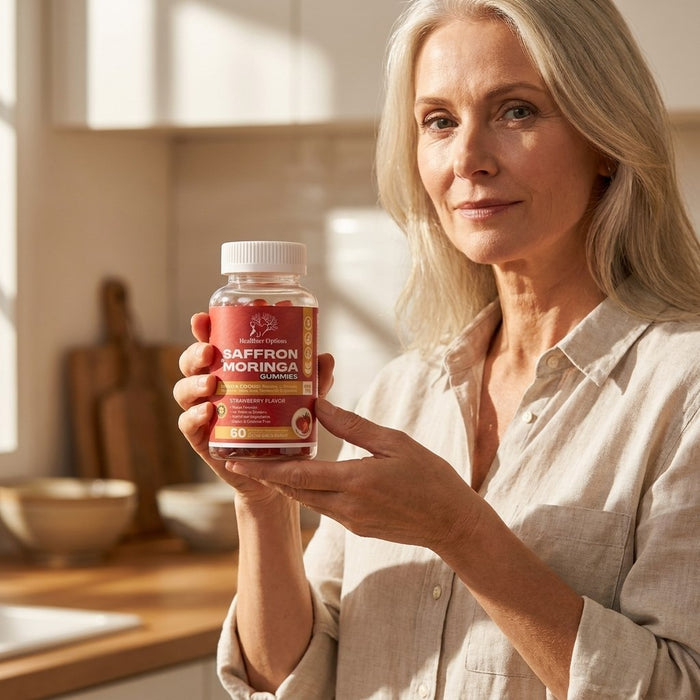 Woman in her kitchen holding Healthier Options Saffron and Moringa gummies