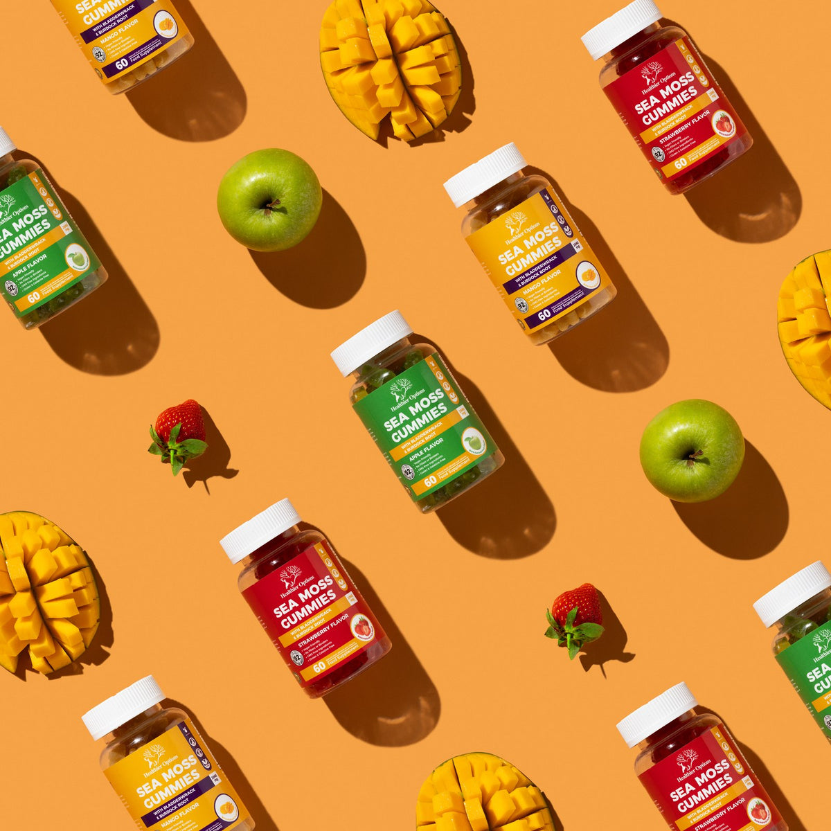 Healthier Options Sea Moss gummies bottles patterned with mango, apple and strawberries