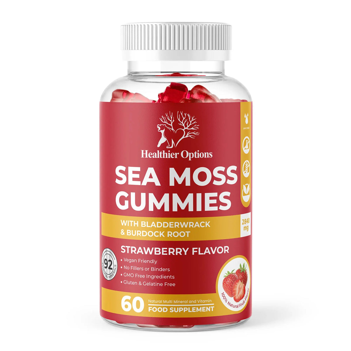 Sea Moss Gummies with Bladderwrack and Burdock, Strawberry flavour, front of bottle, vegan supplement gummies UK, Healthier Options bottle, front view, Healthier Options vegan supplement gummy