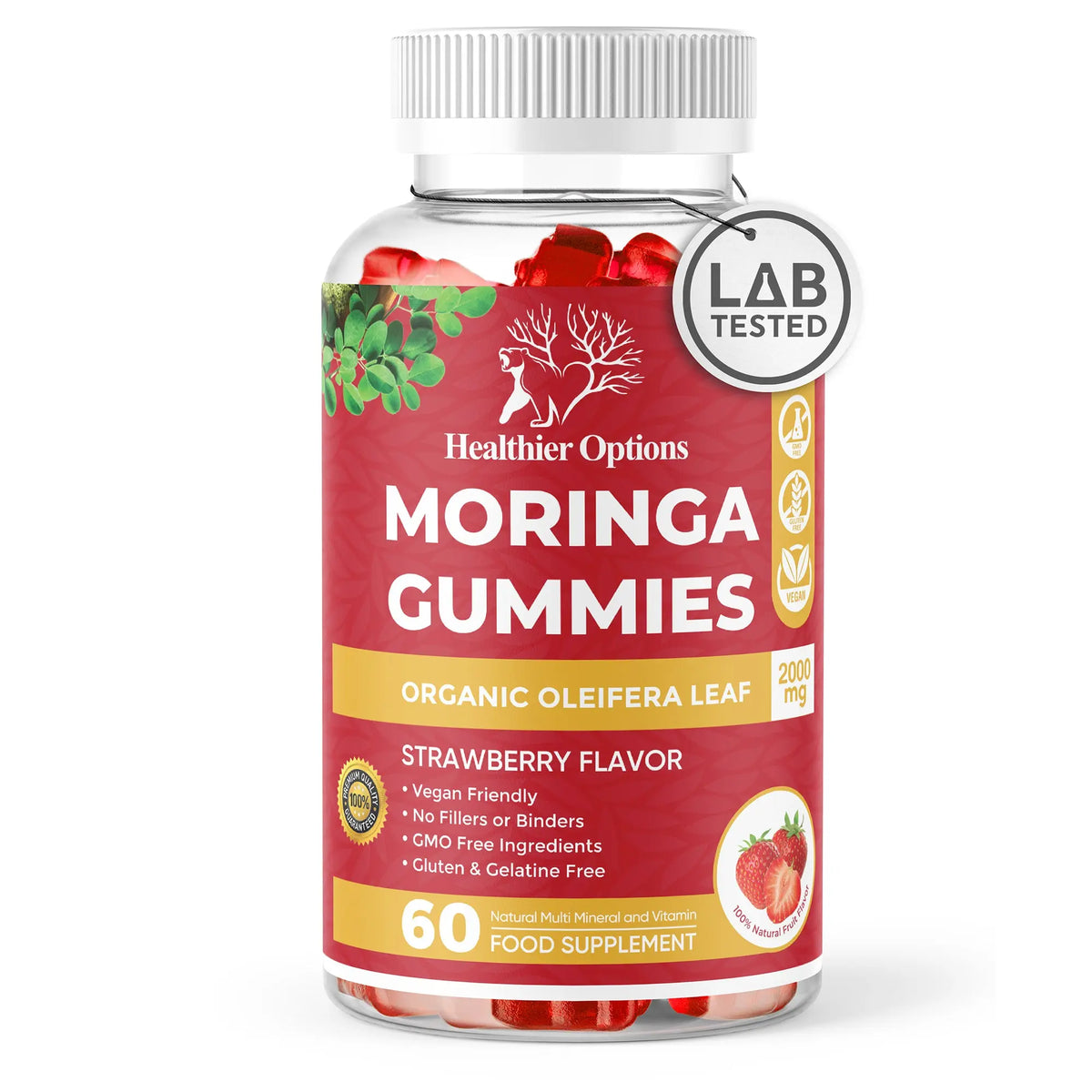 Moringa, Spirulina & Chlorella Gummies Strawberry Flavour Healthier Options bottle — front view, Healthier Options vegan supplement gummy