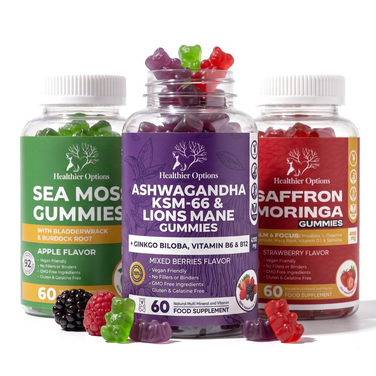 The Daily Three Bundle: Sea Moss 5,680mg, Ashwagandha KSM-66 4,700mg & Saffron 4,755mg Gummies, product image 1, Healthier Options vegan gummies bottle, front view, Healthier Options vegan supplement gummy