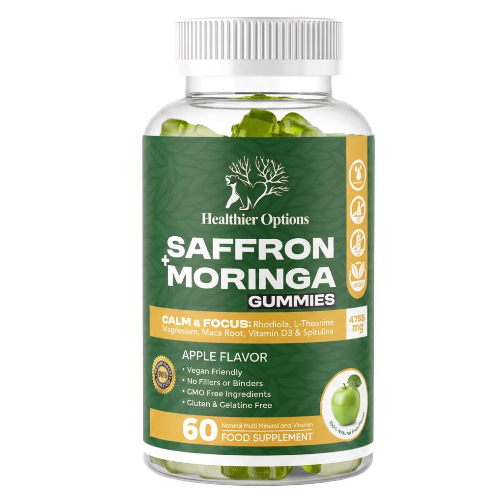 Saffron Gummies 4,755mg with Moringa, Maca & Rhodiola - Apple, product image 1, Healthier Options vegan gummies bottle, front view, Healthier Options vegan supplement gummy