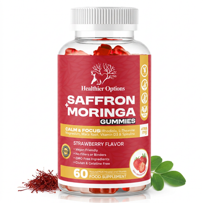 Saffron Gummies 4,755mg with Moringa, Maca & Rhodiola - Strawberry bottle