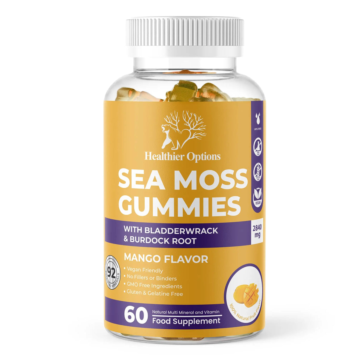 Sea Moss Gummies Mango Flavour Healthier Options bottle — front view, Healthier Options vegan supplement gummy