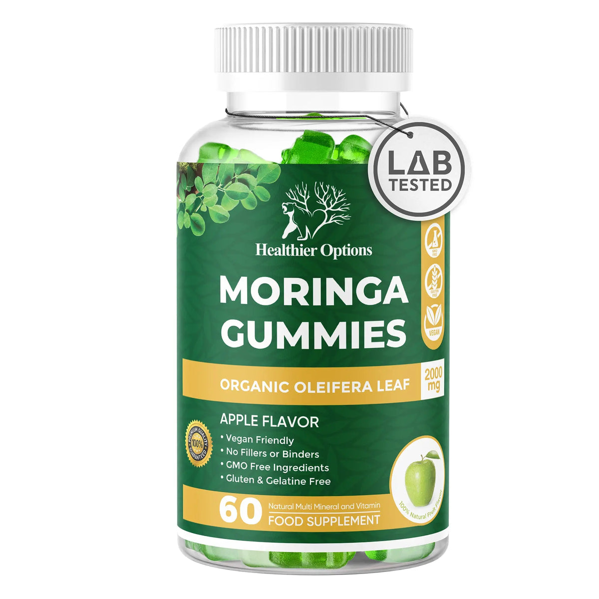 Moringa, Spirulina & Chlorella Gummies Apple Flavour Healthier Options bottle, front view, Healthier Options vegan supplement gummy