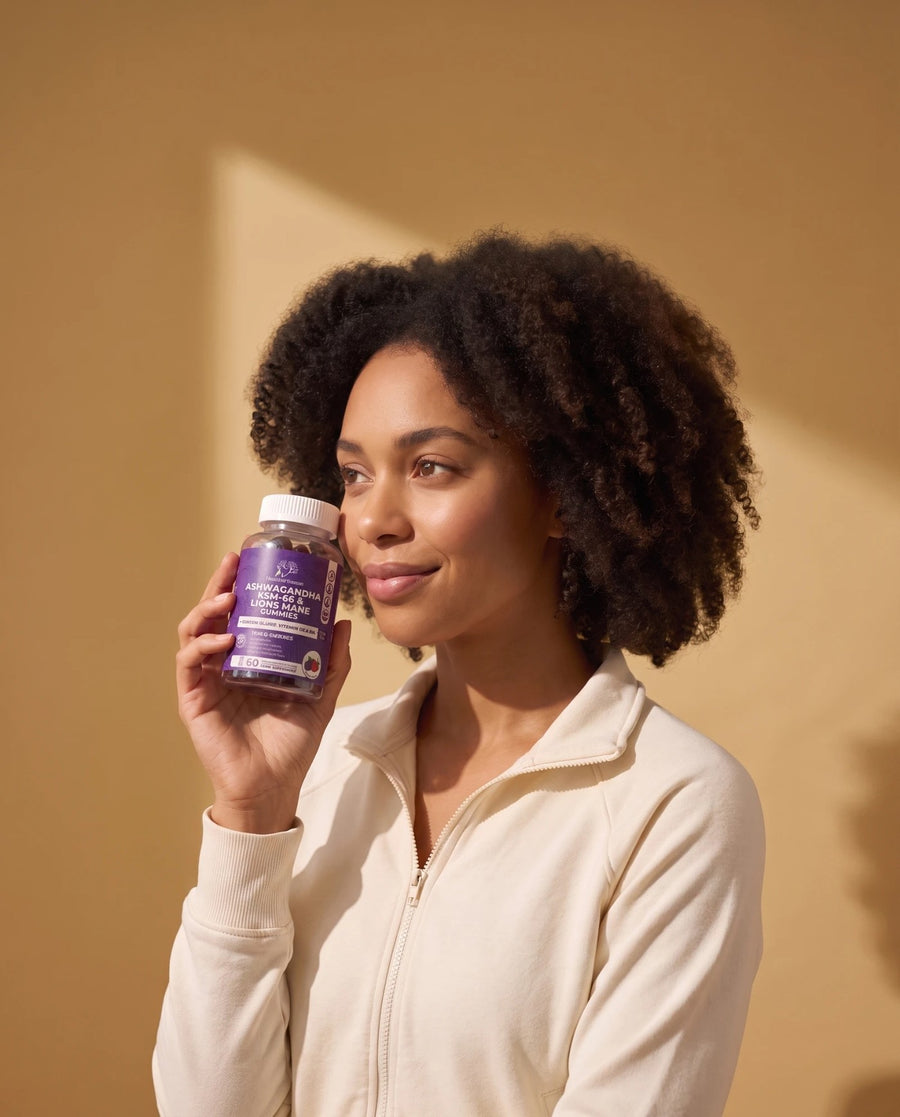 Woman holding Healthier Options Ashwagandha KSM-66 and Lion's Mane gummies, mixed berries flavour