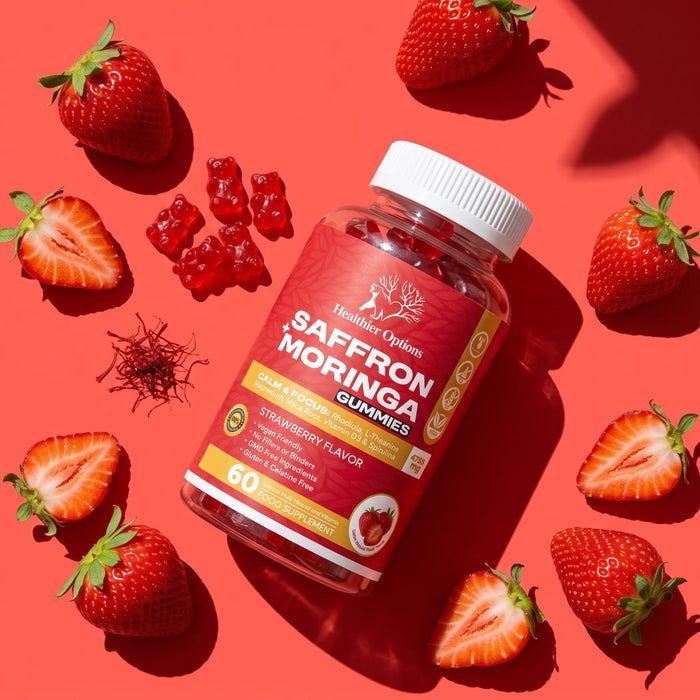 Saffron and Moringa Gummies flat lay with gummies and fresh strawberries