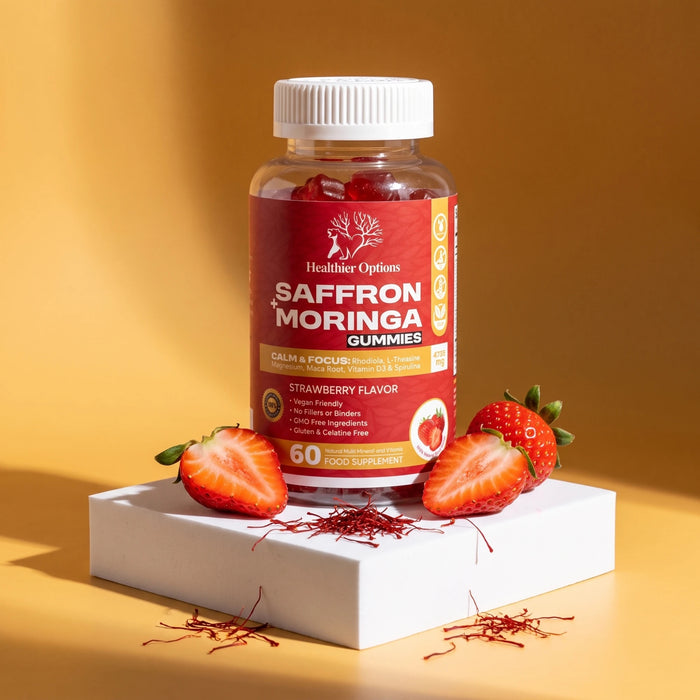 Healthier Options Saffron and Moringa Gummies, 4755mg 9-in-1, front of bottle
