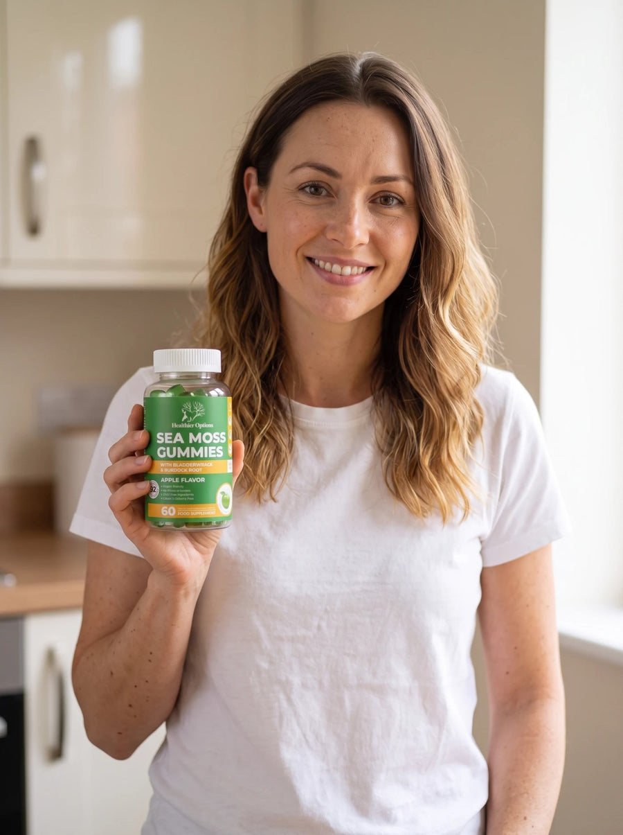 Woman in a kitchen holding Healthier Options Sea Moss Gummies with Bladderwrack and Burdock Root, apple flavour