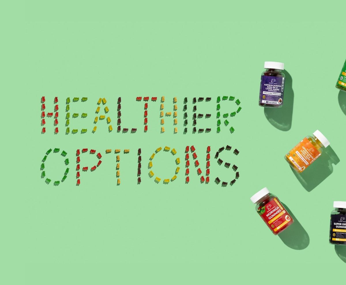 The Healthier Options range of vegan gummy supplements, with the brand name spelled out in gummy bears
