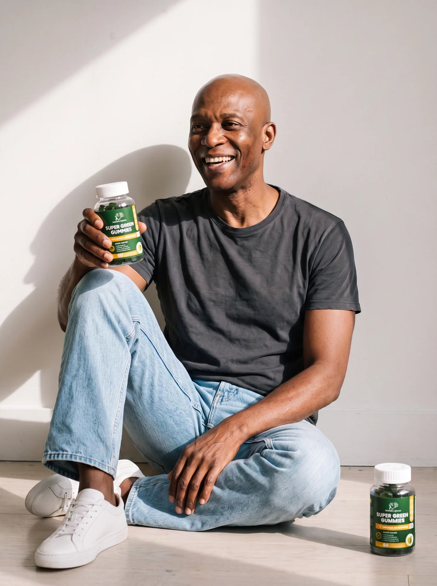 Man sitting against a wall holding Healthier Options Super Greens Gummies